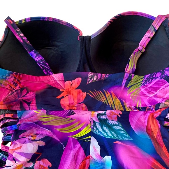 Torrid Slim Fix Underwire Lattice Side One Piece Swimsuit Multi Leaves Bathing - Picture 7 of 11